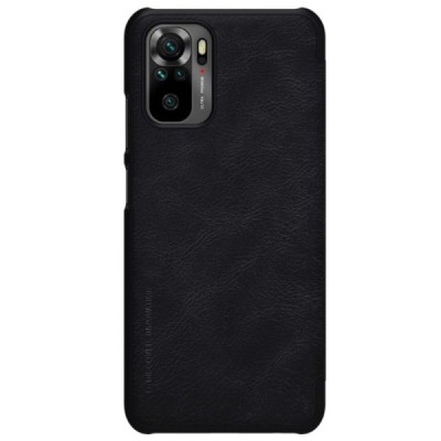 Роскошный чёрный кожаный чехол Nillkin Qin Series для Xiaomi Redmi Note 10 4G (Note 10s, Poco M5s) | Vacins.lv