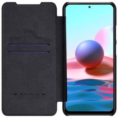 Роскошный чёрный кожаный чехол Nillkin Qin Series для Xiaomi Redmi Note 10 4G (Note 10s, Poco M5s) | Vacins.lv