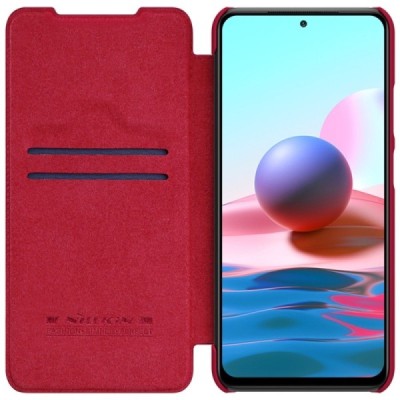 Роскошный красный кожаный чехол Nillkin Qin Series для Xiaomi Redmi Note 10 4G (Note 10s, Poco M5s) | Vacins.lv