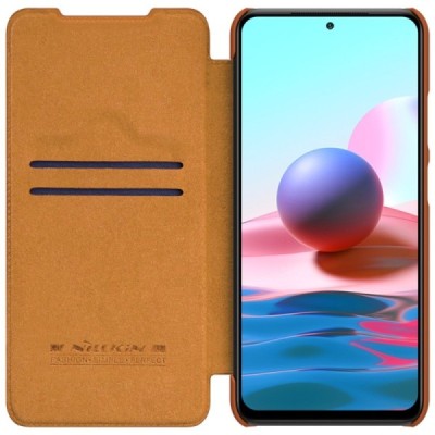 Xiaomi Redmi Note 10 4G (Note 10s, Poco M5s) greznais Nillkin Qin sērijas ādas atvērams brūns maciņš, maks | Vacins.lv