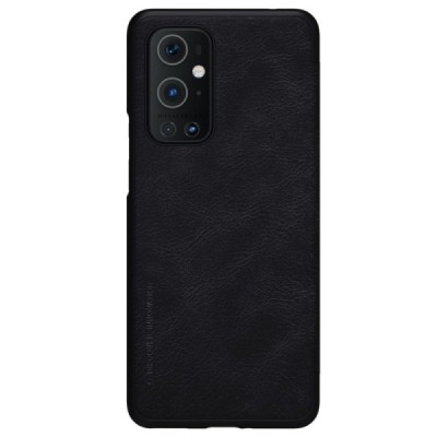 Роскошный чёрный кожаный чехол Nillkin Qin Series для OnePlus 9 Pro | Vacins.lv