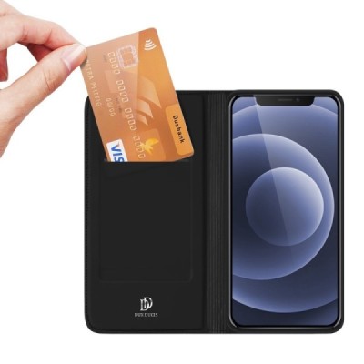 Apple iPhone 13 „Dux Ducis“ Skin sērijas melns ādas atvērams maciņš | Vacins.lv