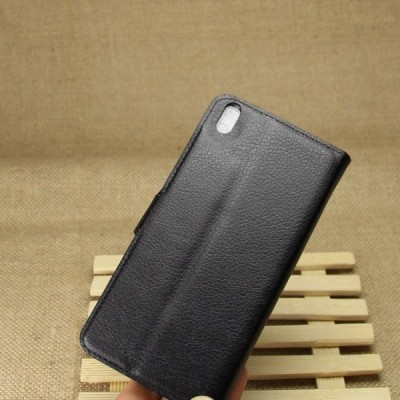 HTC Desire 816 atvēramais melns ādas Litchi futrālis - maciņš / Vacins.lv