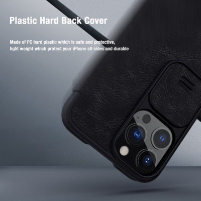 Apple iPhone 13 Pro роскошный серии Nillkin Qin Pro кожаный чехол-книжка - чёрный | Vacins.lv