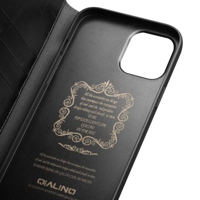 Apple iPhone 13 Pro „QIALINO“ открываемый чёрный кожаный чехол - книжка | Vacins.lv