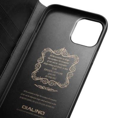 Apple iPhone 13 Mini „QIALINO“ atvēramais ādas melns maciņš - maks | Vacins.lv