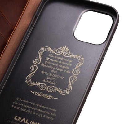 Apple iPhone 13 Mini „QIALINO“ atvēramais ādas brūns maciņš - maks | Vacins.lv