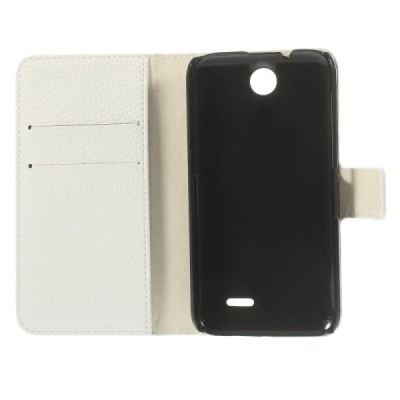 HTC Desire 310 atverčiamas baltas odinis dėklas - piniginė / Priedai.lt