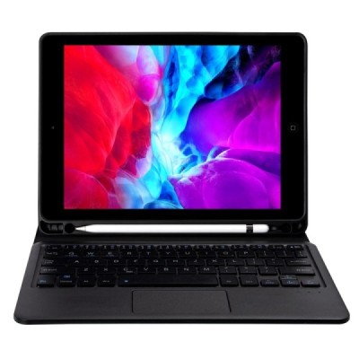 Apple iPad 9.7" 2017 (iPad 9.7" 2018) ādas atvēramais melns futrālis ar bluetooth tastatūra | Vacins.lv