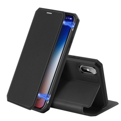 Apple iPhone X (iPhone Xs) Dux Ducis Skin X sērijas melns ādas atvērams maciņš | Vacins.lv