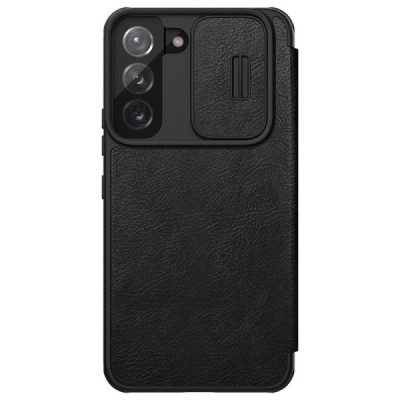 Роскошный чёрный кожаный чехол Nillkin Qin Series для Samsung Galaxy S22+ 5G (SM-S906X) | Vacins.lv
