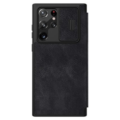 Роскошный чёрный кожаный чехол Nillkin Qin Series для Samsung Galaxy S22 Ultra 5G (SM-S908X) | Vacins.lv