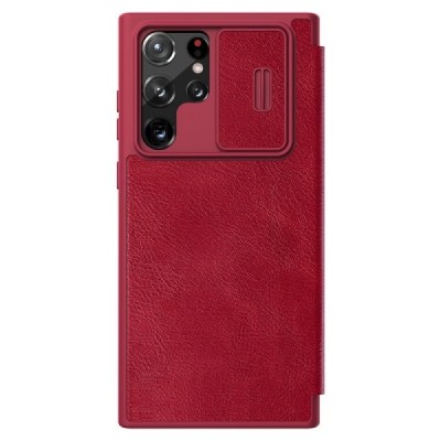 Роскошный красный кожаный чехол Nillkin Qin Series для Samsung Galaxy S22 Ultra 5G (SM-S908X) | Vacins.lv