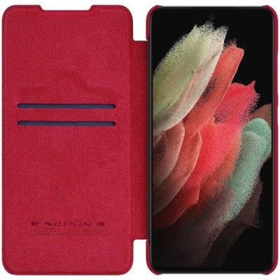 Роскошный красный кожаный чехол Nillkin Qin Series для Samsung Galaxy S22 Ultra 5G (SM-S908X) | Vacins.lv