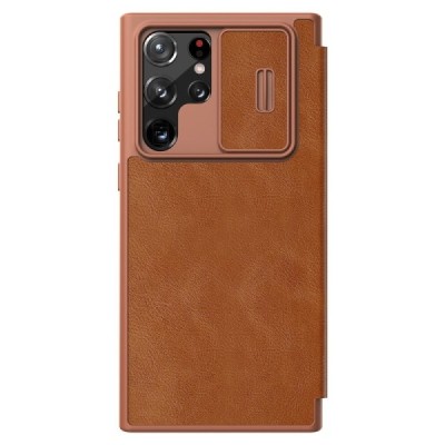 Роскошный коричневый кожаный чехол Nillkin Qin Series для Samsung Galaxy S22 Ultra 5G (SM-S908X) | Vacins.lv