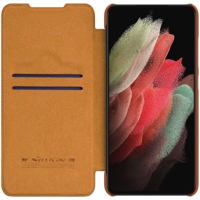 Роскошный коричневый кожаный чехол Nillkin Qin Series для Samsung Galaxy S22 Ultra 5G (SM-S908X) | Vacins.lv