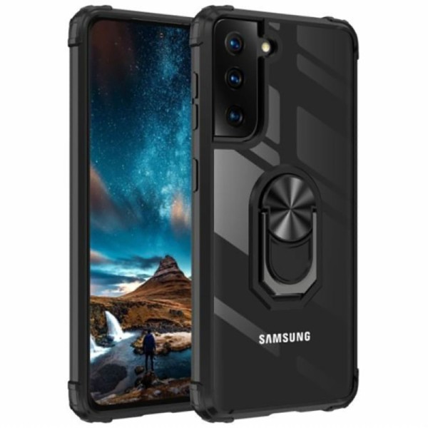 „Fashion“ Kickstand твердый силиконовый (TPU) чехол - прозрачный / чёрный (Galaxy S21 FE 5G)