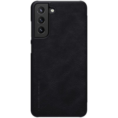 Samsung Galaxy S21 FE (Fan Edition) 5G greznais Nillkin Qin sērijas ādas atvērams melns maciņš, maks | Vacins.lv