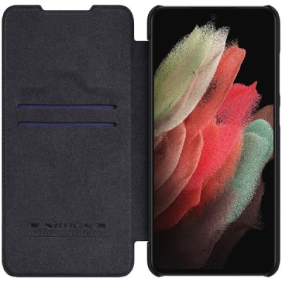 Samsung Galaxy S21 FE (Fan Edition) 5G greznais Nillkin Qin sērijas ādas atvērams melns maciņš, maks | Vacins.lv