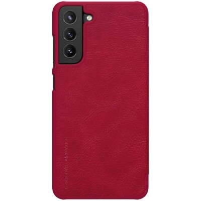 Роскошный красный кожаный чехол Nillkin Qin Series для Samsung Galaxy S21 FE (Fan Edition) 5G | Vacins.lv