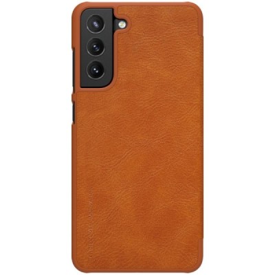 Роскошный коричневый кожаный чехол Nillkin Qin Series для Samsung Galaxy S21 FE (Fan Edition) 5G | Vacins.lv