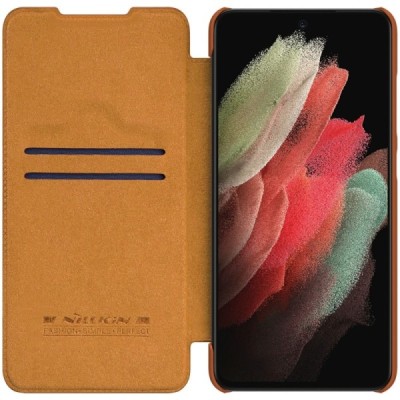 Роскошный коричневый кожаный чехол Nillkin Qin Series для Samsung Galaxy S21 FE (Fan Edition) 5G | Vacins.lv