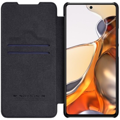 Роскошный чёрный кожаный чехол Nillkin Qin Series для Xiaomi 11T (11T Pro) | Vacins.lv