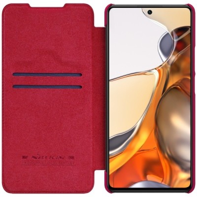 Роскошный красный кожаный чехол Nillkin Qin Series для Xiaomi 11T (11T Pro) | Vacins.lv