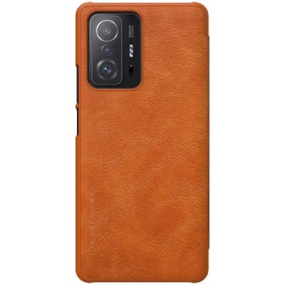 Роскошный коричневый кожаный чехол Nillkin Qin Series для Xiaomi 11T (11T Pro) | Vacins.lv