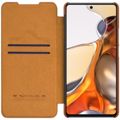 Роскошный коричневый кожаный чехол Nillkin Qin Series для Xiaomi 11T (11T Pro) | Vacins.lv