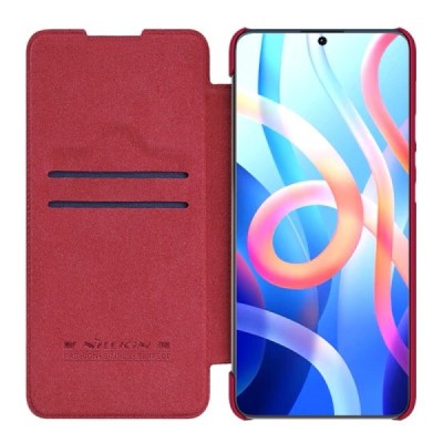 Xiaomi Poco M4 Pro (Redmi Note 11 5G) greznais Nillkin Qin sērijas ādas atvērams sarkans maciņš, maks | Vacins.lv