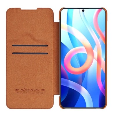 Xiaomi Poco M4 Pro (Redmi Note 11 5G) greznais Nillkin Qin sērijas ādas atvērams brūns maciņš, maks | Vacins.lv