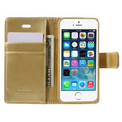 Mercury Blue Moon Clip кожаный чехол-книжка Apple iPhone SE (5, 5s) золотого цвета | Vacins.lv