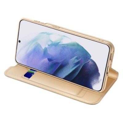 „Dux Ducis“ Skin серии Samsung Galaxy S22+ 5G (SM-S906X) золотой кожаный чехол-книжка | Vacins.lv