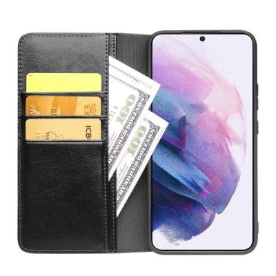 Samsung Galaxy S22 5G (SM-S901X) „QIALINO“ открываемый чёрный кожаный чехол - книжка | Vacins.lv