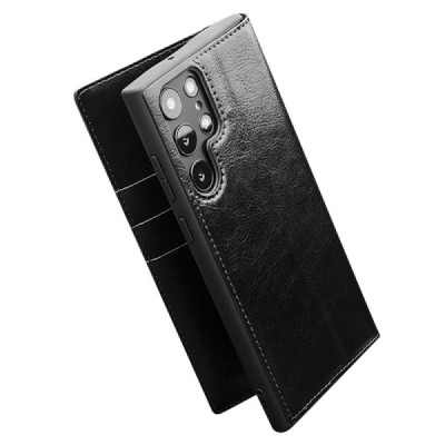 Samsung Galaxy S22 Ultra 5G (SM-S908X) „QIALINO“ открываемый чёрный кожаный чехол - книжка | Vacins.lv