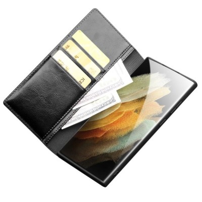 Samsung Galaxy S22 Ultra 5G (SM-S908X) „QIALINO“ открываемый чёрный кожаный чехол - книжка | Vacins.lv