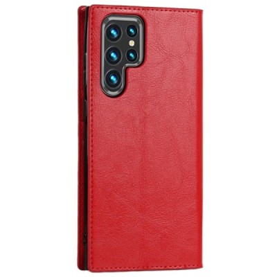 „Deluxe“ Samsung Galaxy S22 Ultra 5G (SM-S908X) красный кожаный чехол-книжка | Vacins.lv