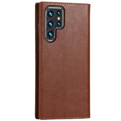 „Deluxe“ Samsung Galaxy S22 Ultra 5G (SM-S908X) светло-коричневый кожаный чехол-книжка | Vacins.lv