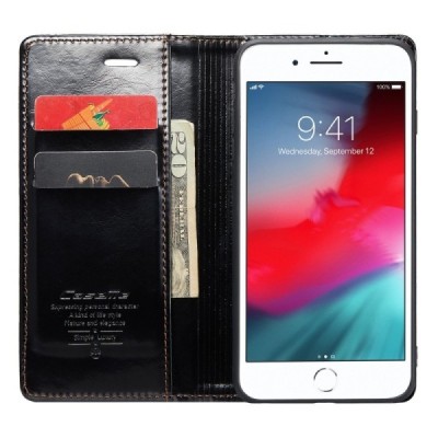 Apple iPhone 6 Plus (6s Plus, 7 Plus, 8 Plus) „CaseMe“ открываемый чёрный кожаный чехол – книжка | Vacins.lv