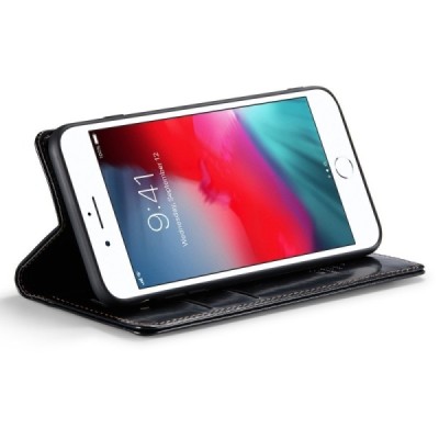 Apple iPhone 6 Plus (6s Plus, 7 Plus, 8 Plus) „CaseMe“ открываемый чёрный кожаный чехол – книжка | Vacins.lv