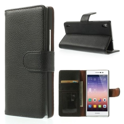 Huawei Ascend P7 atvēramais melns ādas Litchi futrālis - maciņš / Vacins.lv