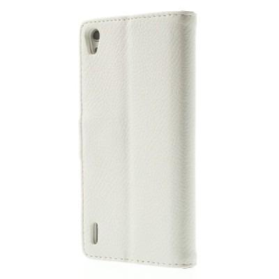 Huawei Ascend P7 atverčiamas baltas odinis Litchi dėklas - piniginė / Priedai.lt