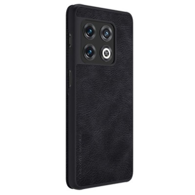Роскошный чёрный кожаный чехол Nillkin Qin Series для OnePlus 10 Pro | Vacins.lv