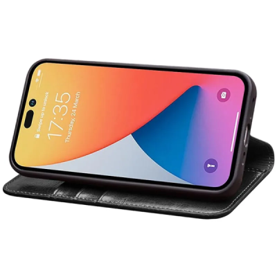 Apple iPhone 14 Pro Max „QIALINO“ открываемый чёрный кожаный чехол - книжка | Vacins.lv