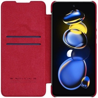 Роскошный красный кожаный чехол Nillkin Qin Series для Xiaomi Poco X4 GT (Redmi Note 11T Pro, Redmi Note 11T Pro+) | Vacins.lv