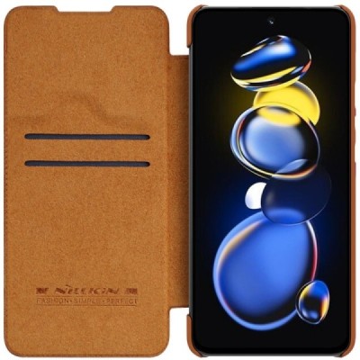 Роскошный коричневый кожаный чехол Nillkin Qin Series для Xiaomi Poco X4 GT (Redmi Note 11T Pro, Redmi Note 11T Pro+) | Vacins.l