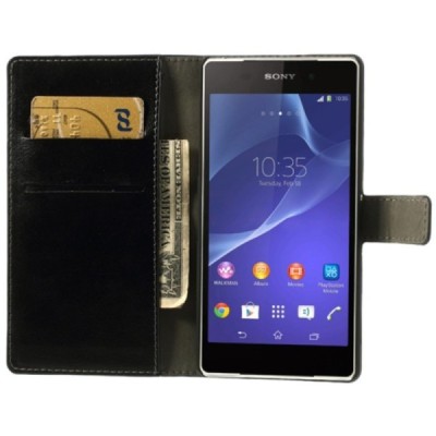 Sony Xperia Z2 D6503 atvēramais melns ādas futrālis - maciņš / Vacins.lv