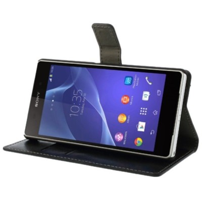 Sony Xperia Z2 D6503 atvēramais melns ādas futrālis - maciņš / Vacins.lv