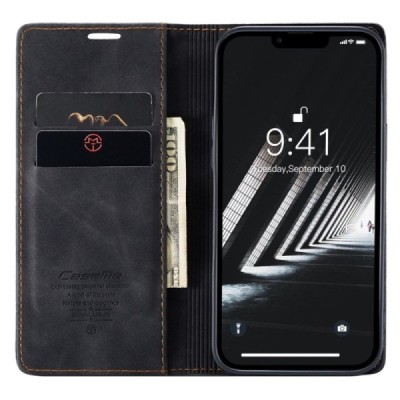 Apple iPhone 14 CaseMe Retro solīds atvēramais ādas melns maciņš - maks | Vacins.lv